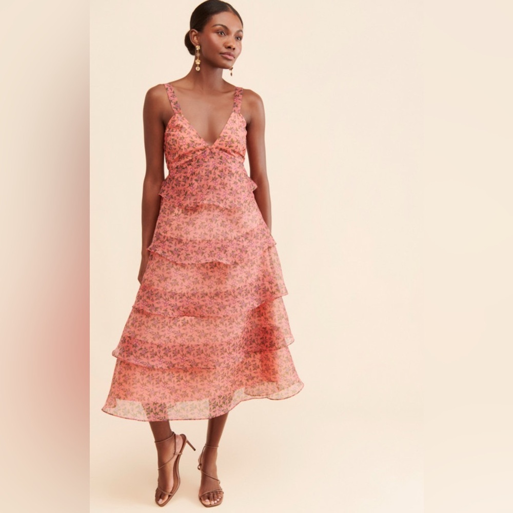 Lost + Wander Venus Rising Floral Tiered Midi Dress Pink Size M EUC